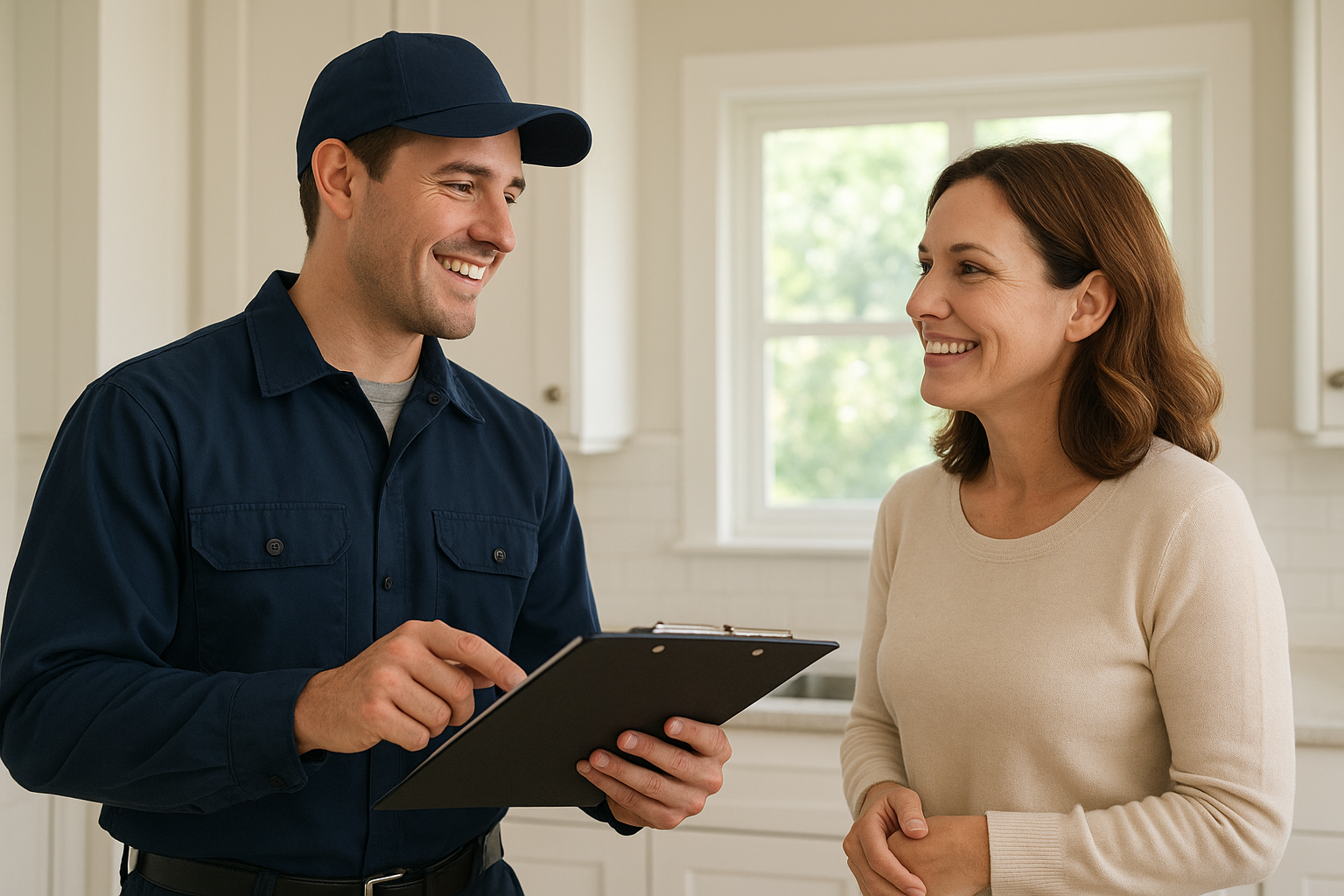 Technician explaining appliance repair findings to a homeowner after troubleshooting