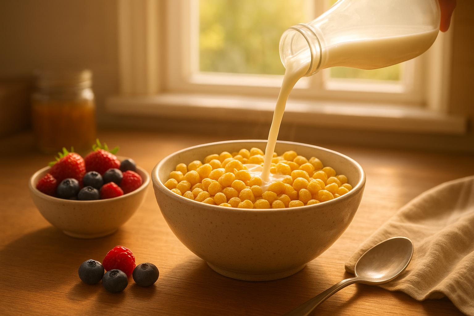 Bowl of best healthy cereal for kids made with organic puffed whole grains and fresh berries