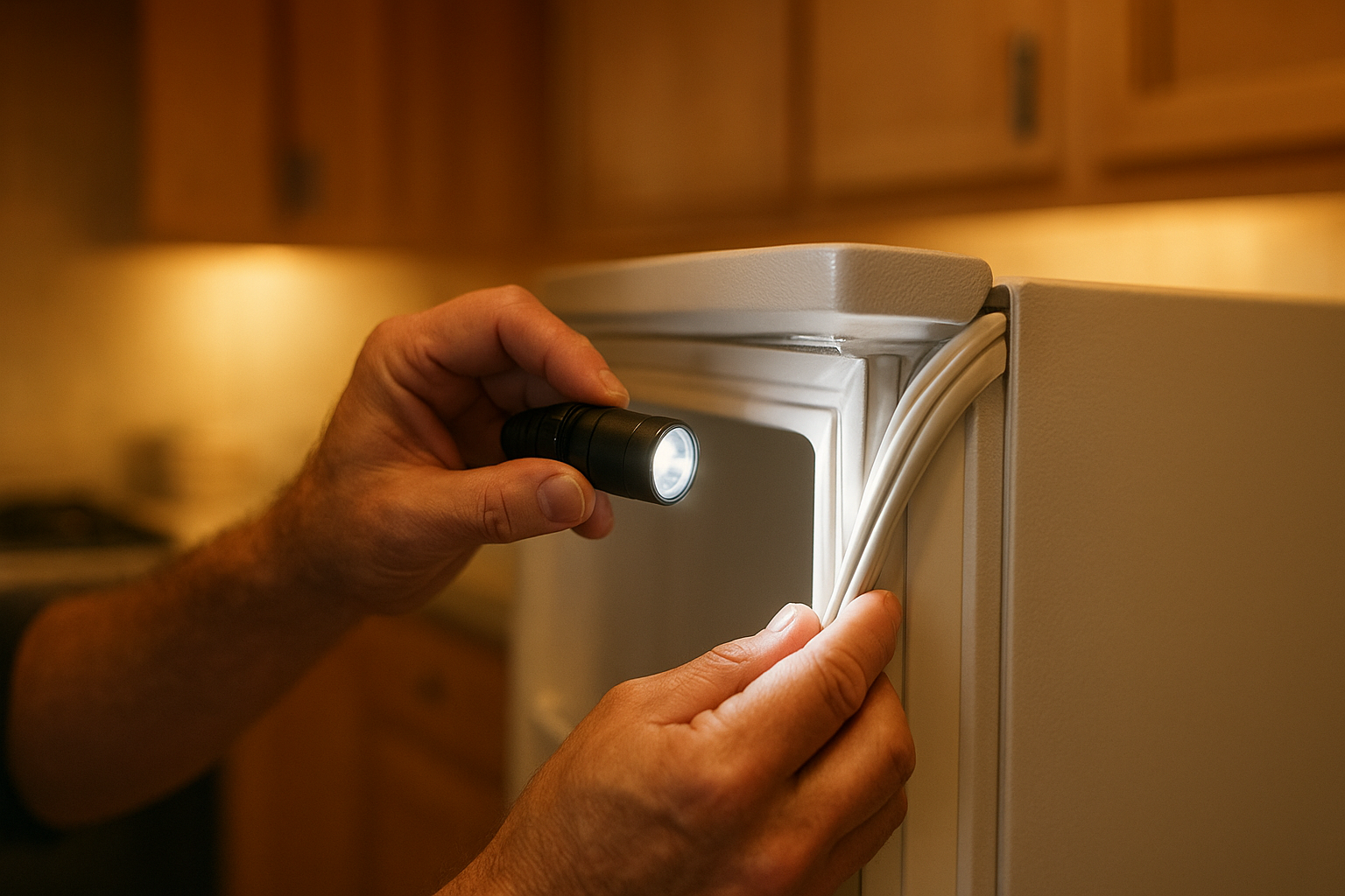 Close-up inspection of a refrigerator door seal during a fridge maintenance appointment