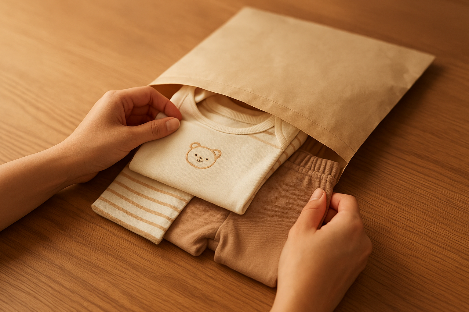 Parent folding premium kids clothing items for a monthly rental swap