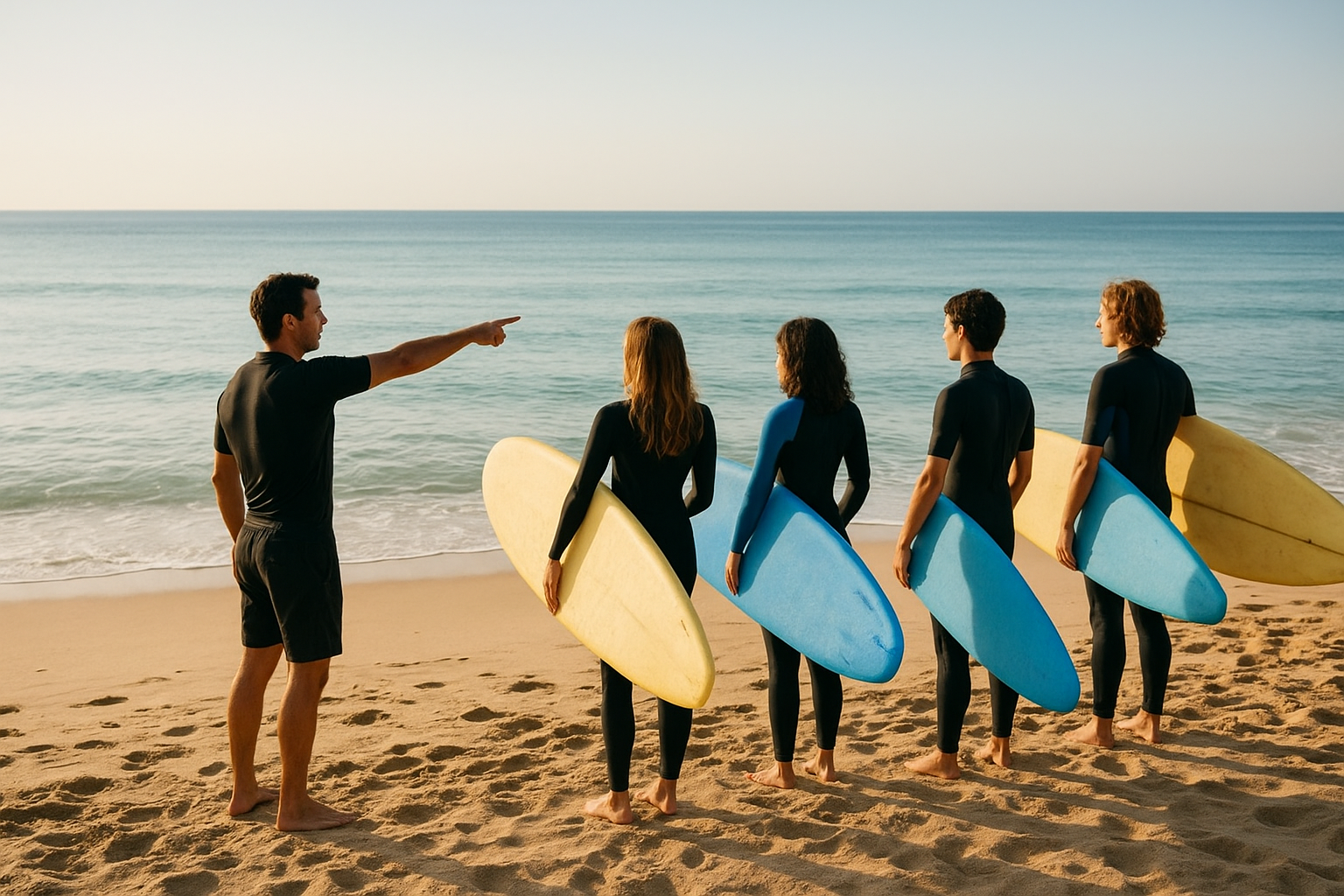 Surf instructor briefing a beginner class on ocean conditions before entering the water