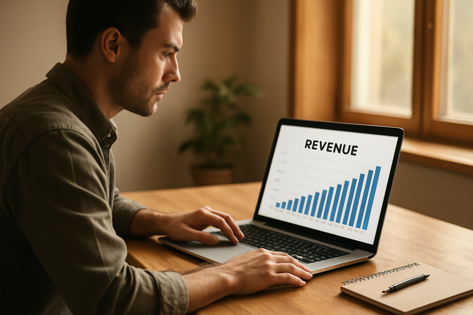 Small business owner reviewing revenue based financing options on a laptop chart