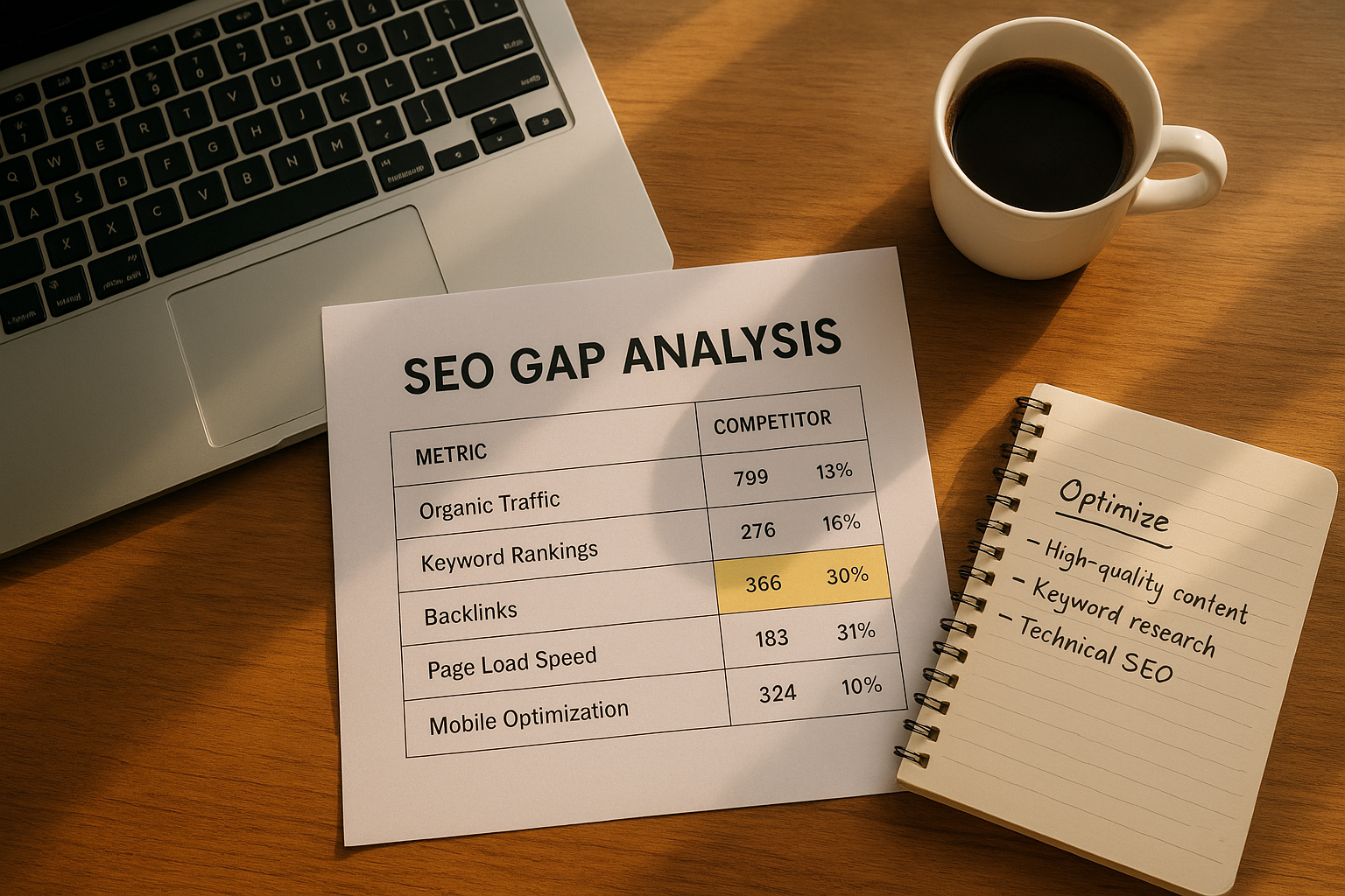 SEO analyst reviewing a printed page-level comparison report alongside a laptop showing competitor metrics