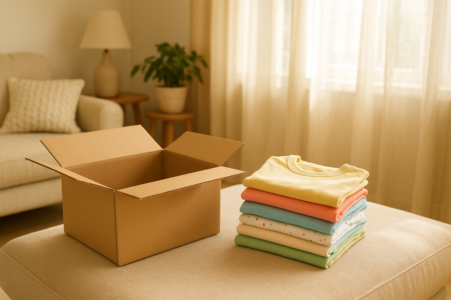 Folded children's clothing beside a shipping box from a convenient kids wardrobe service