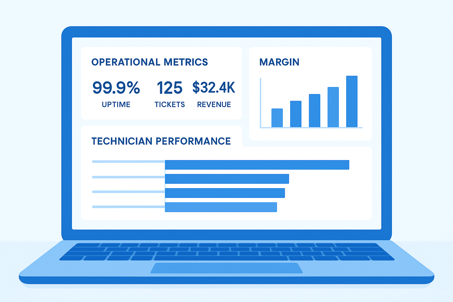 Illustration of a business dashboard showing operational health metrics for a home service company