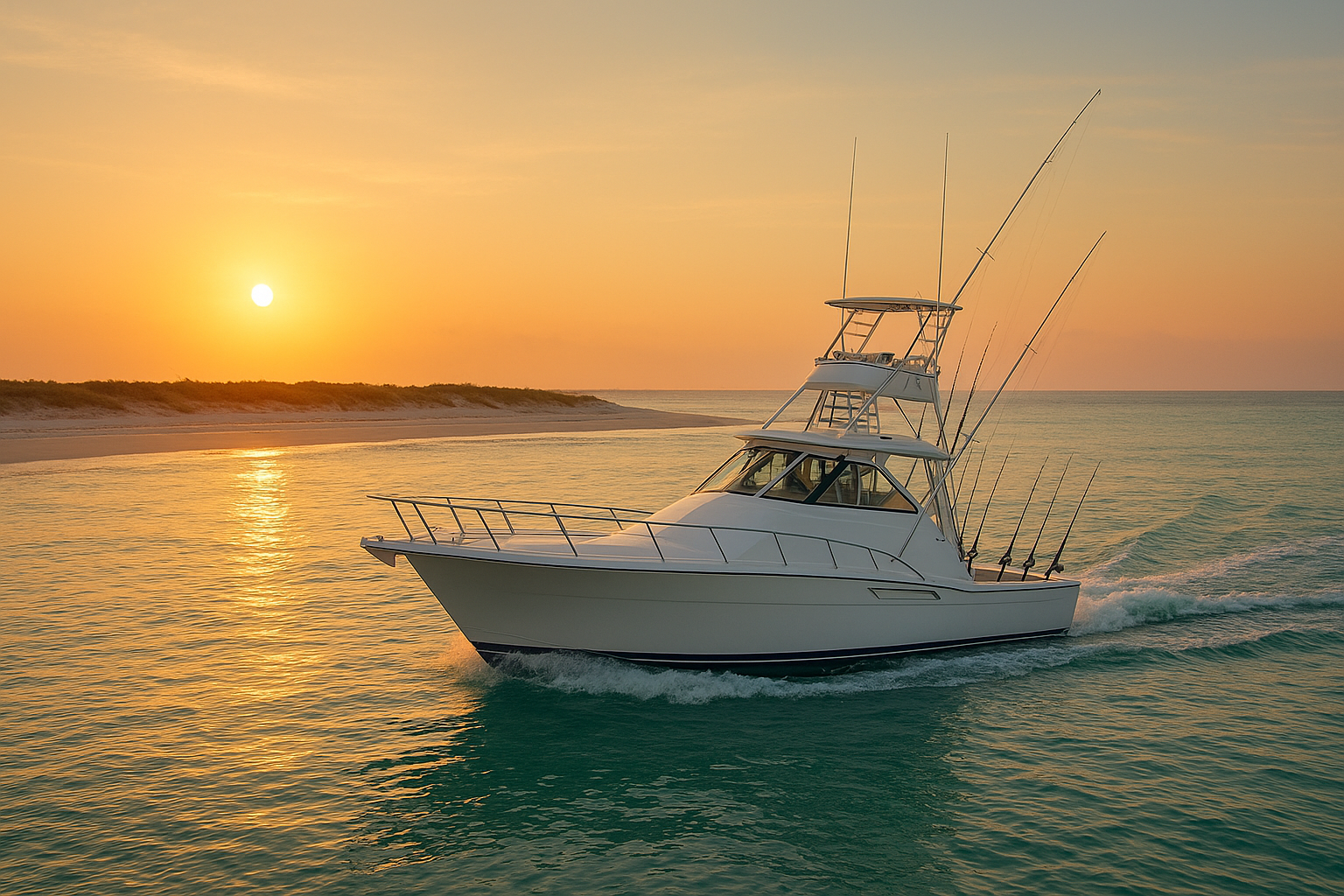 Private charter boat heading out for shark fishing tours North Myrtle Beach at sunrise