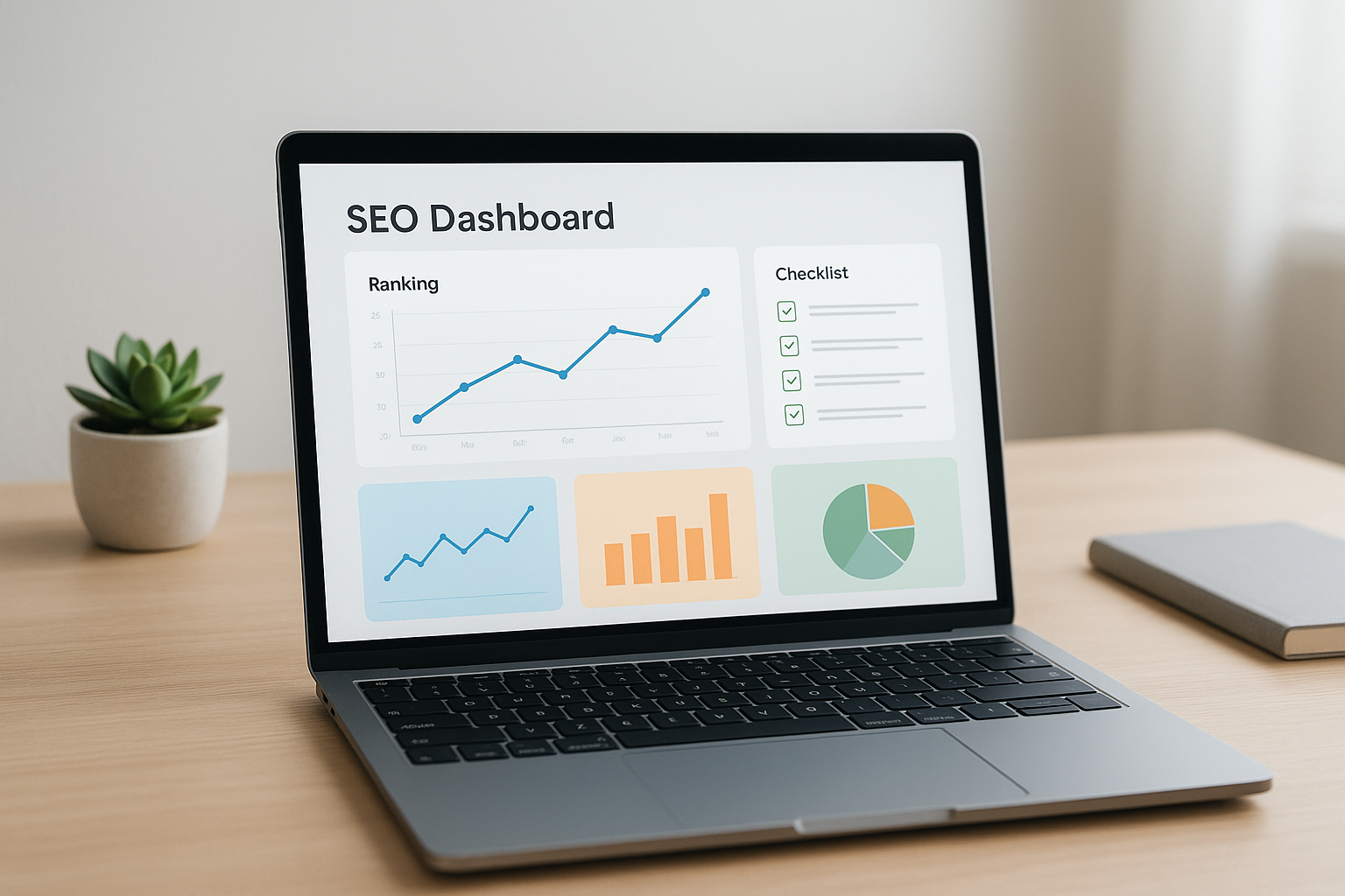 Laptop screen showing wix seo tools dashboard with ranking and audit data