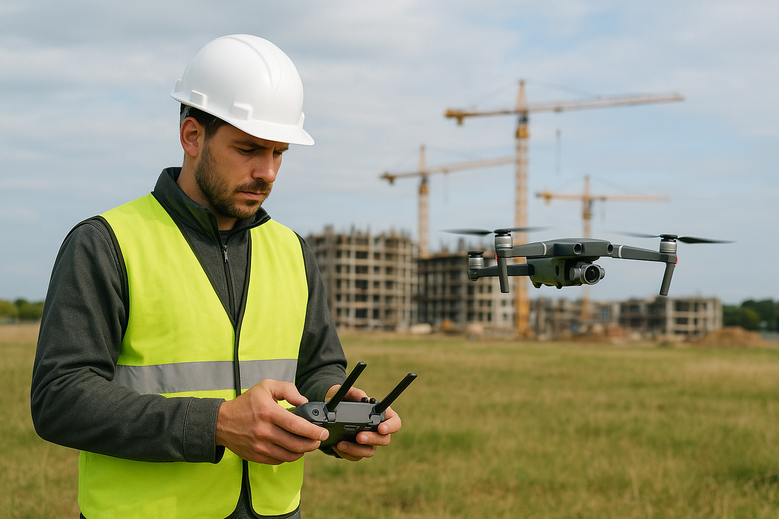 Drone pilot preparing equipment for an aerial construction monitoring flight in Louisiana