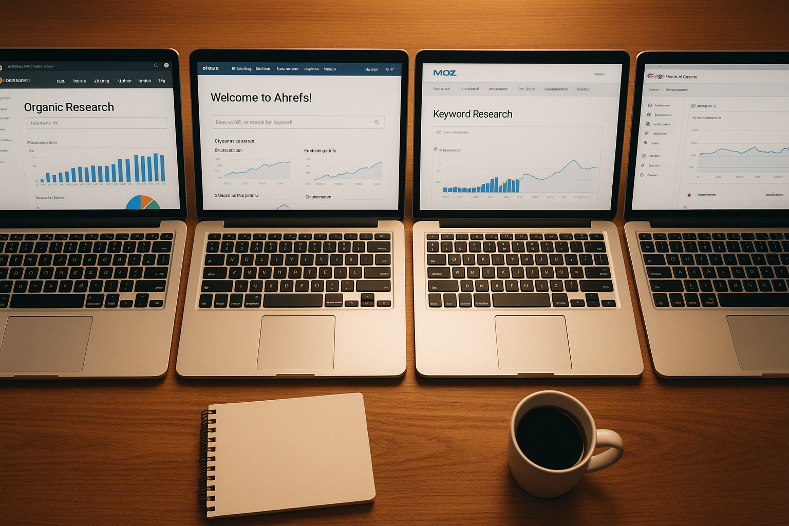 Comparison of top third-party search engine optimization tools on laptop screens