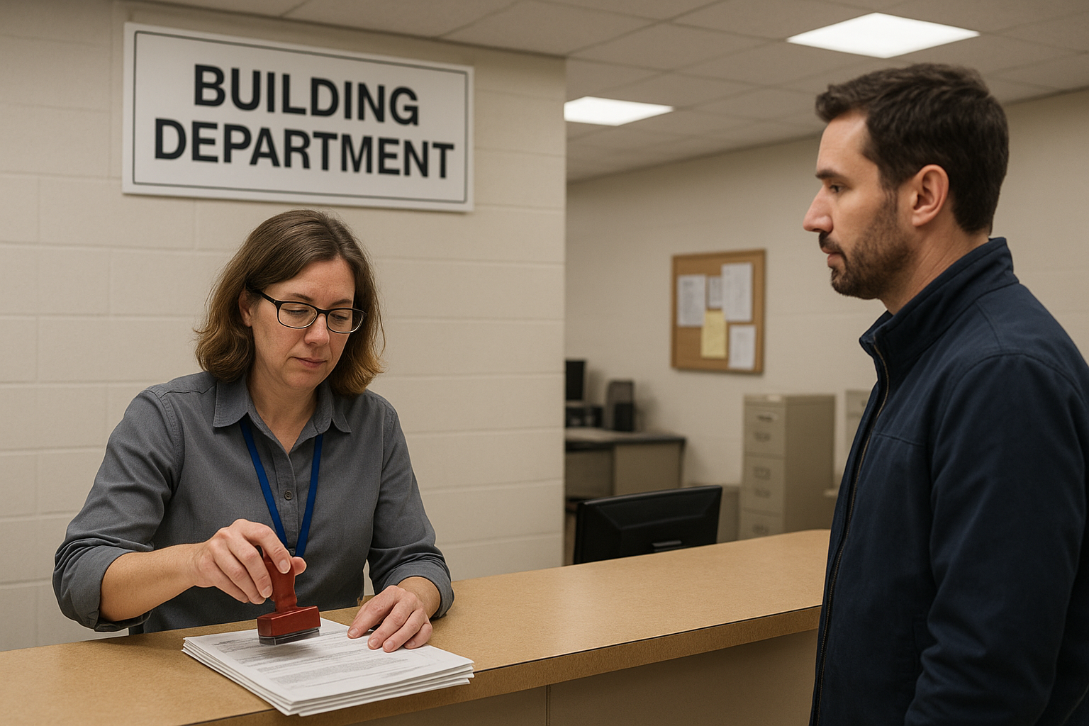 City building department staff reviewing a stamped ADU permit application