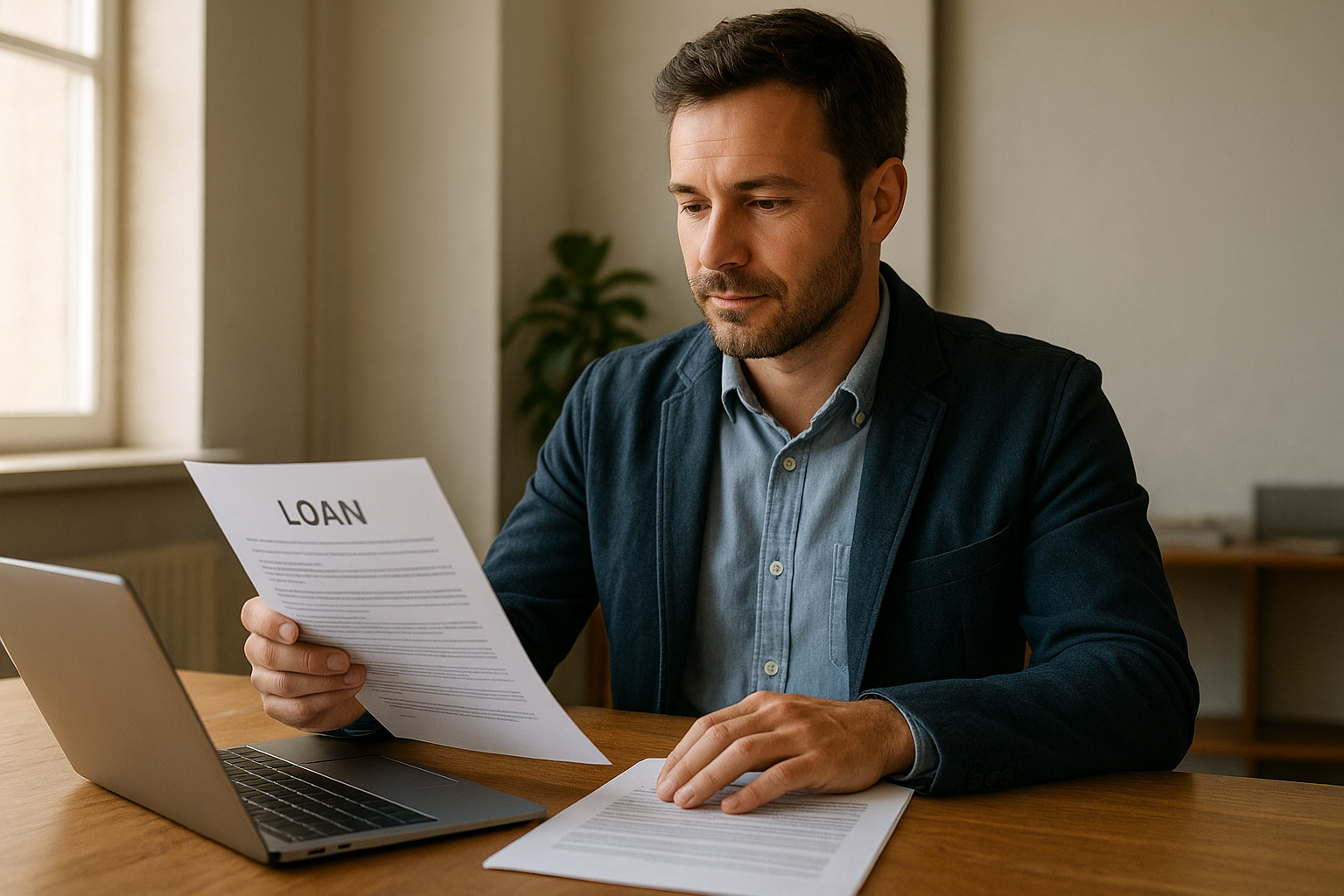 Business owner reviewing disabled veteran owned small business loans paperwork in a bright office