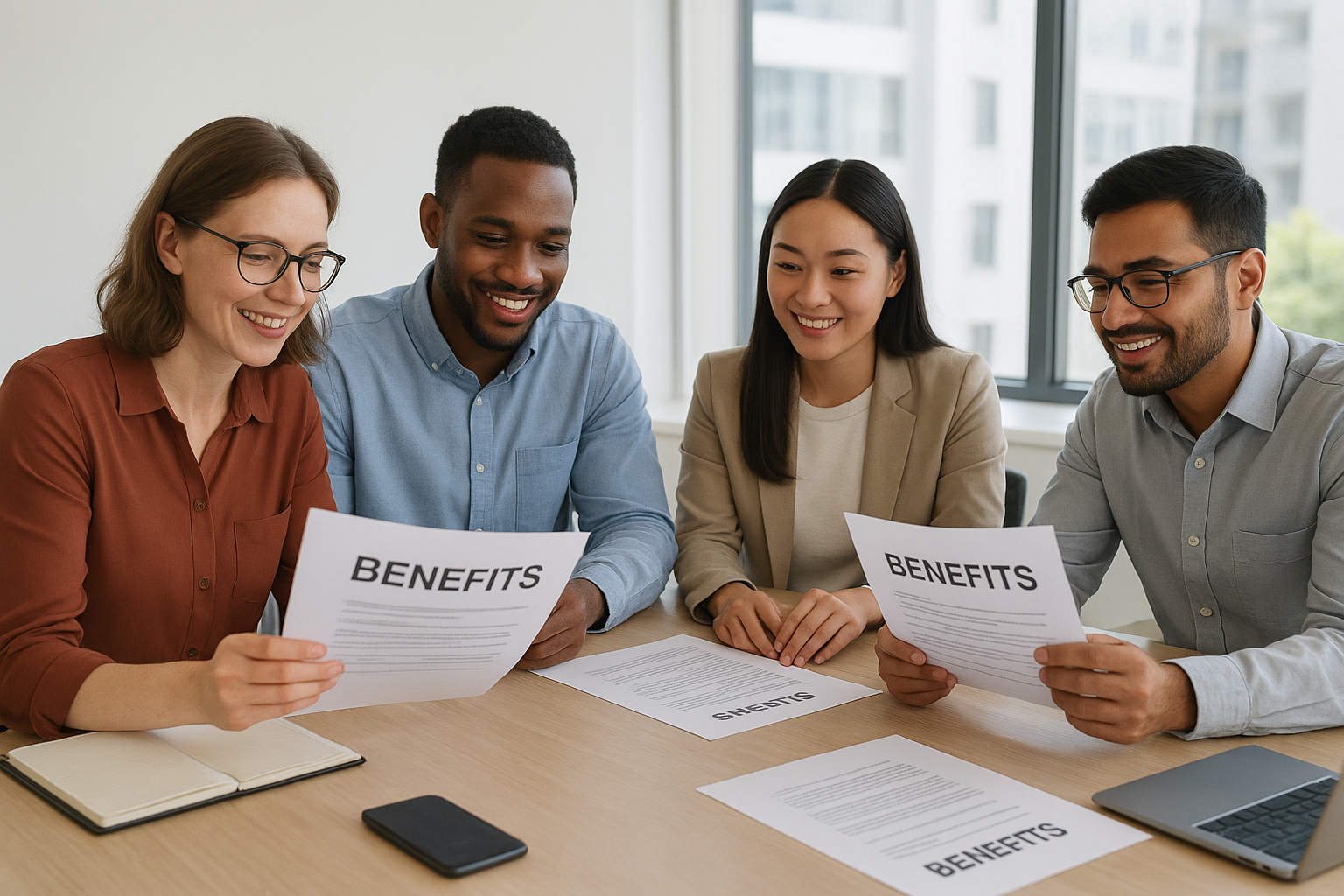 Employees reviewing mandatory and voluntary benefits documents in a workplace meeting