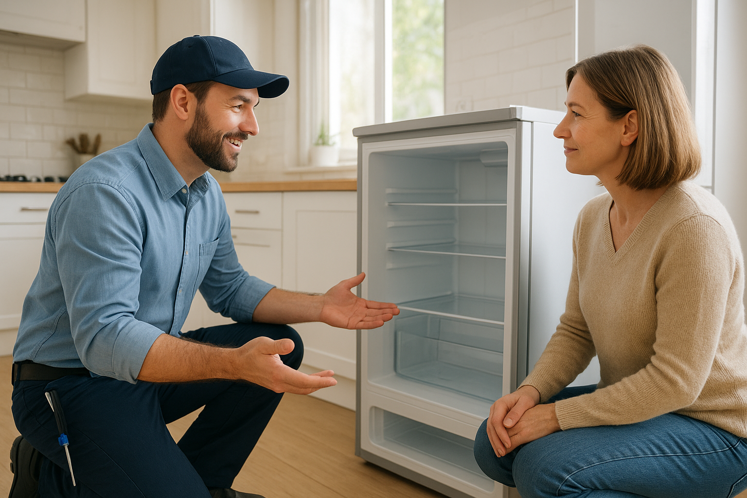 Technician explaining personalized appliance service diagnosis to a homeowner in a bright kitchen