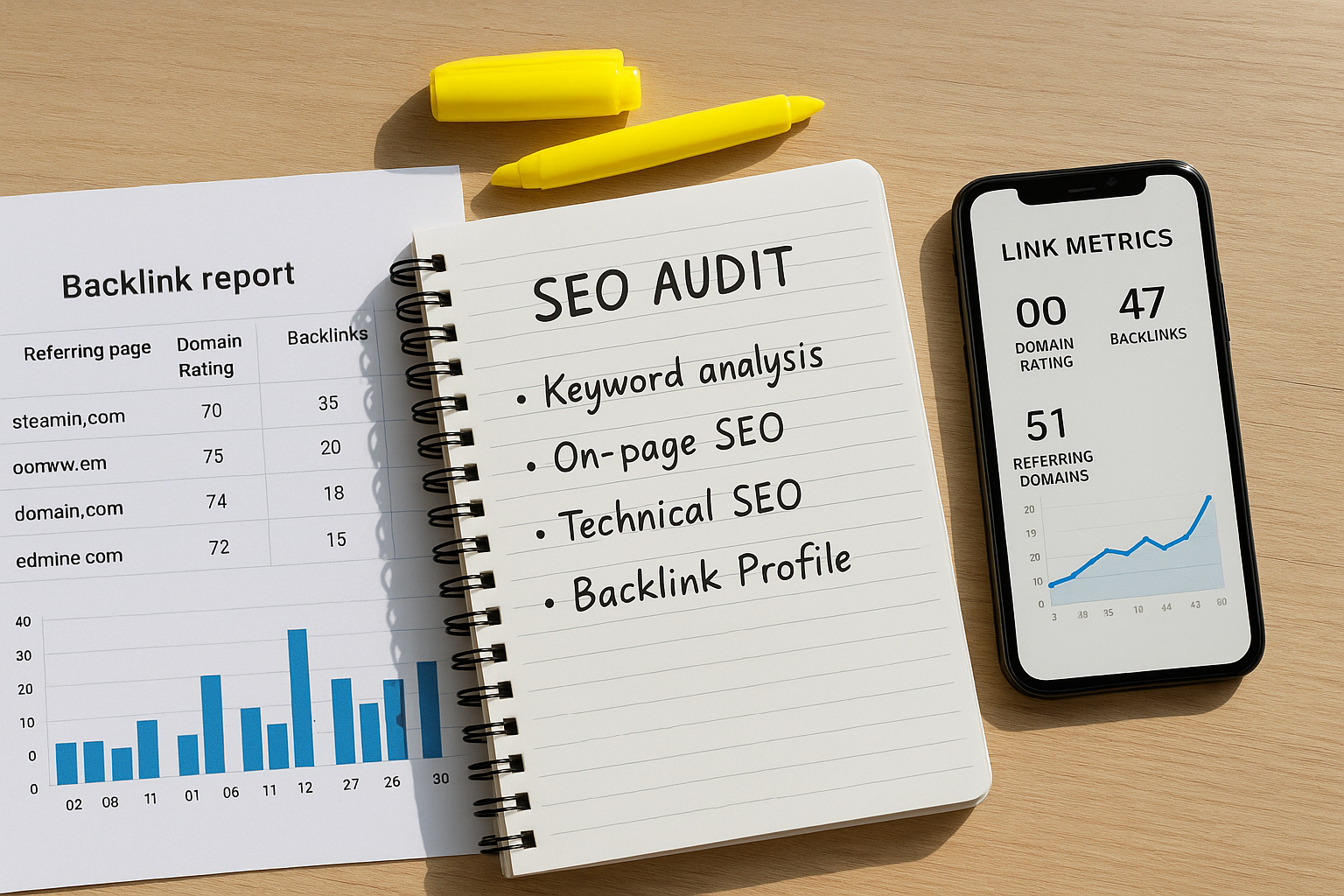 SEO audit notebook and printed backlink report showing link quality notes