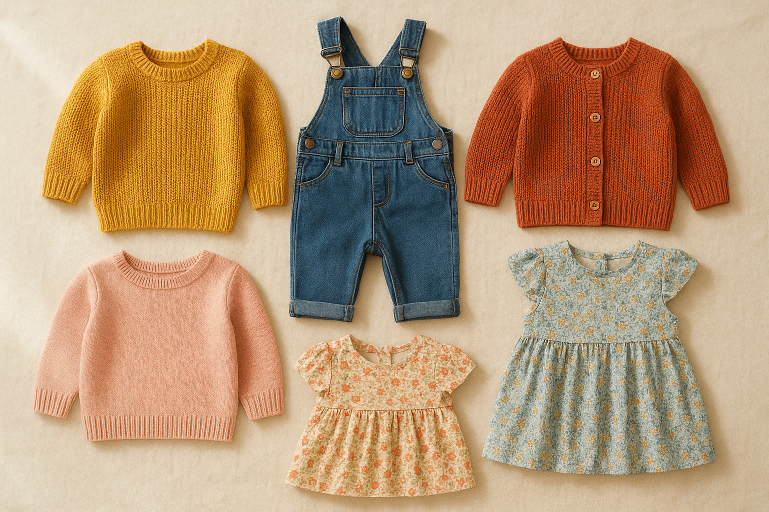 Curated on-demand kids clothing rental items laid out on a cream background