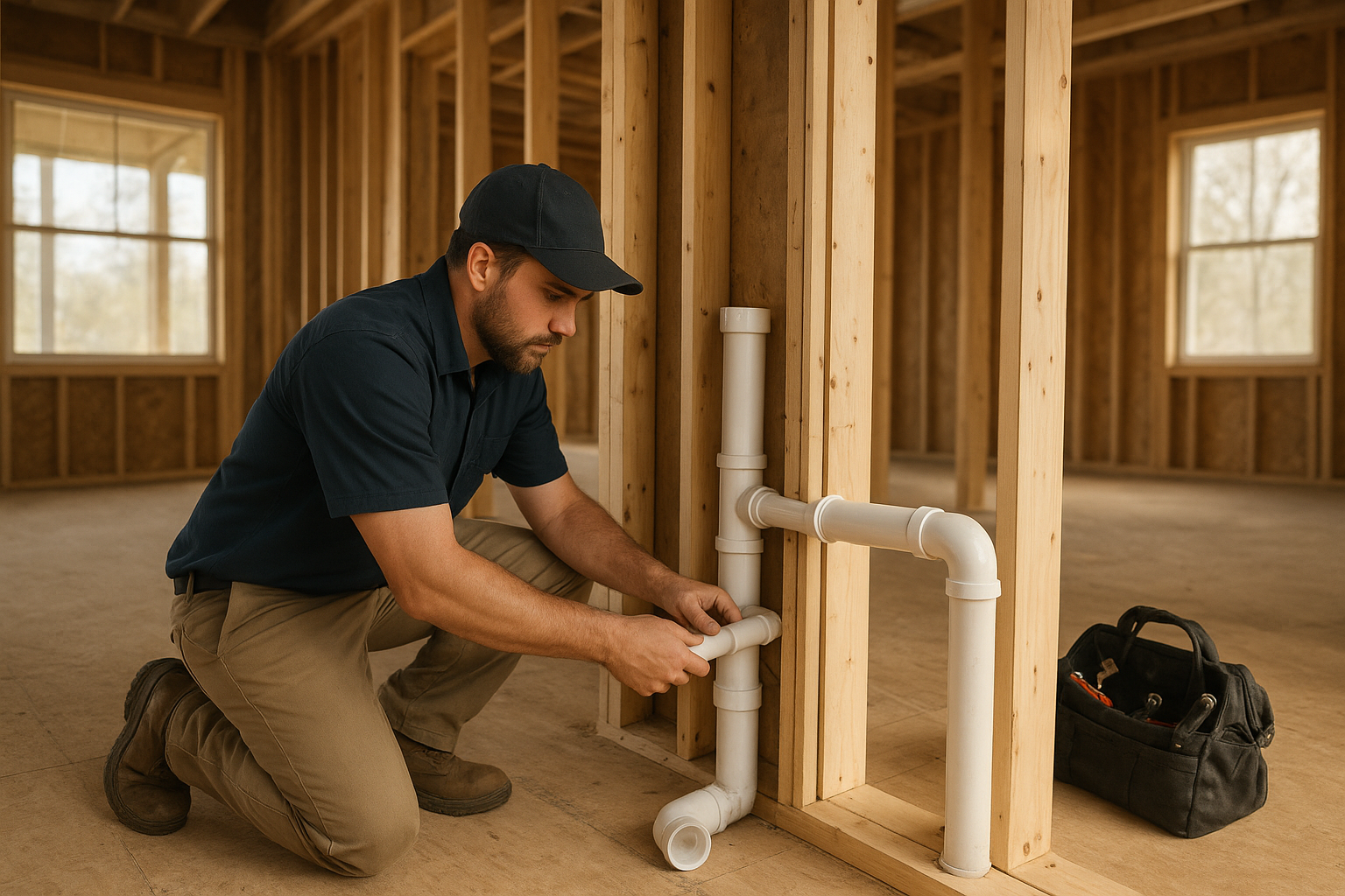 Efa2a738_new-construction-plumbing-rough-in-terrell Plumber installing rough-in pipes for new construction plumbing Terrell TX home