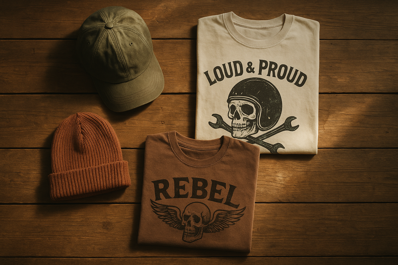Flat lay of women's graphic tees paired with caps and beanies