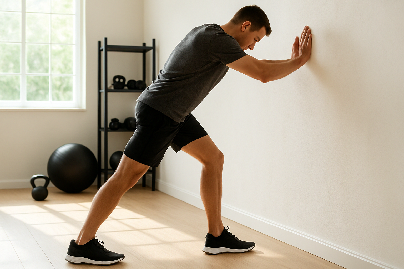 Person stretching calf muscles to complement custom shoe inserts for plantar fasciitis relief