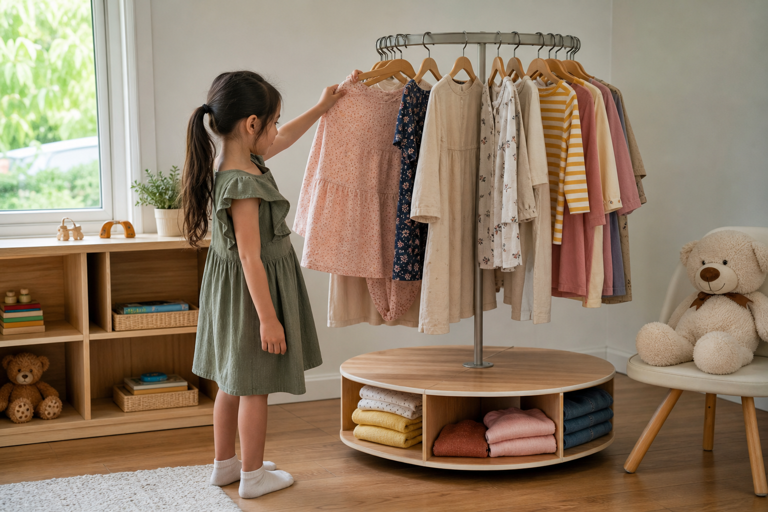 Child trying on a rotating wardrobe of rented clothing pieces in a bright playroom