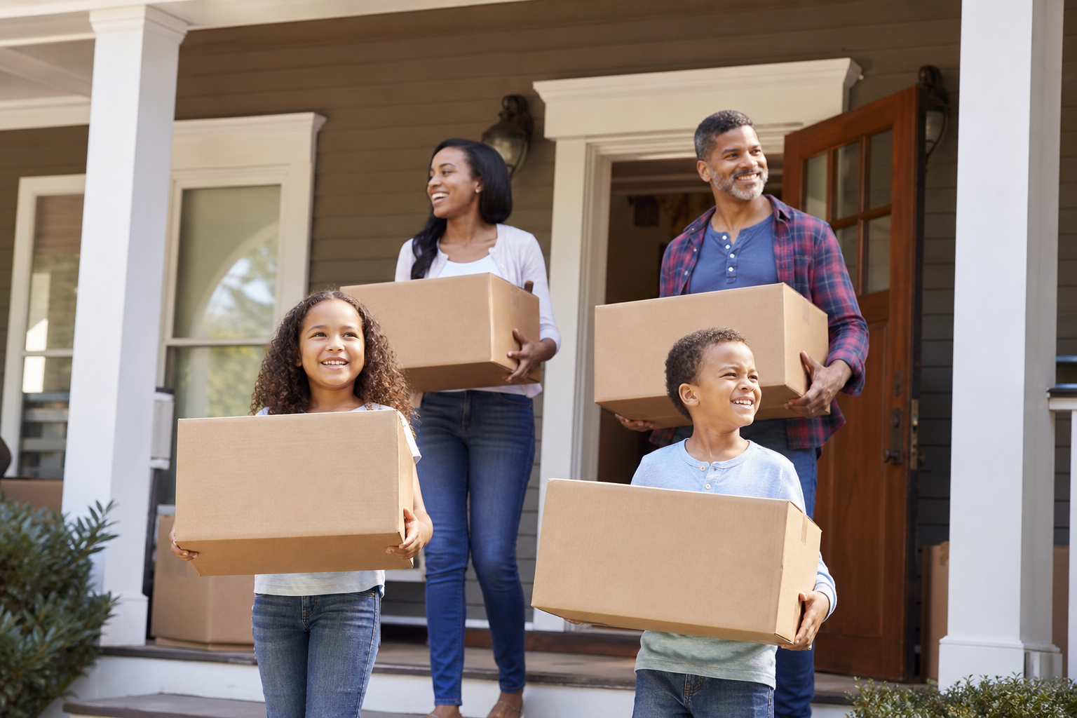 Happy family moving boxes into a newly purchased large suburban home