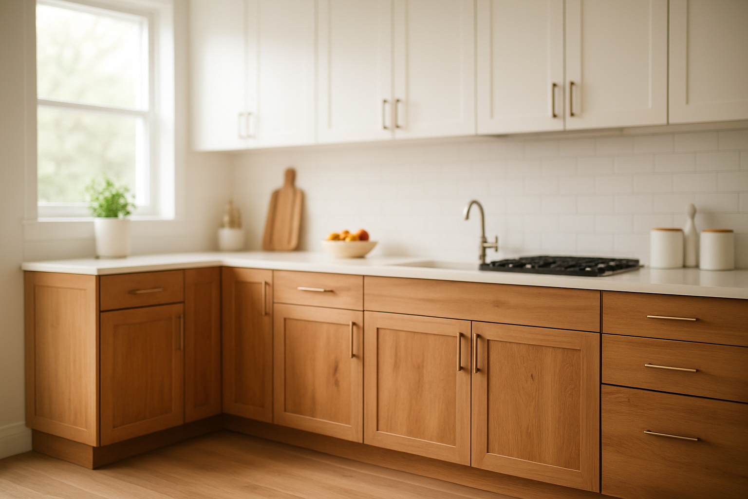 Newly completed lower cabinets refacing in a bright modern Cincinnati kitchen