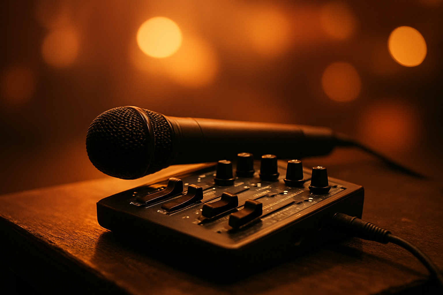Wireless microphone and mixing board used in professional AV equipment hire packages