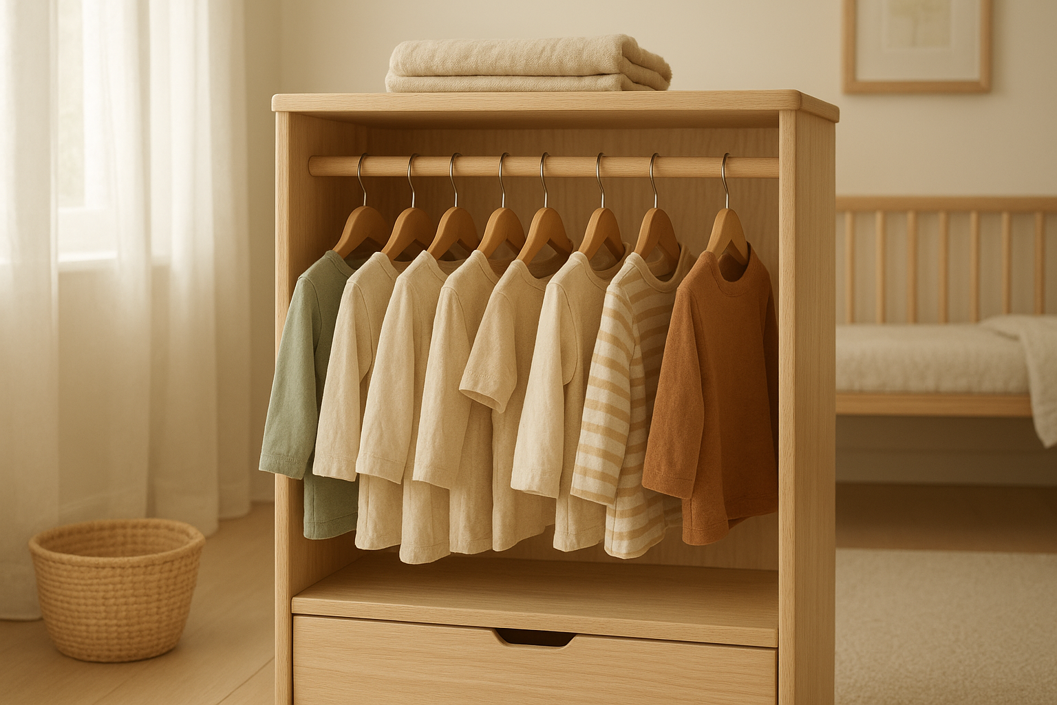 Organized eco-friendly children's wardrobe with organic fabric clothing on wooden hangers