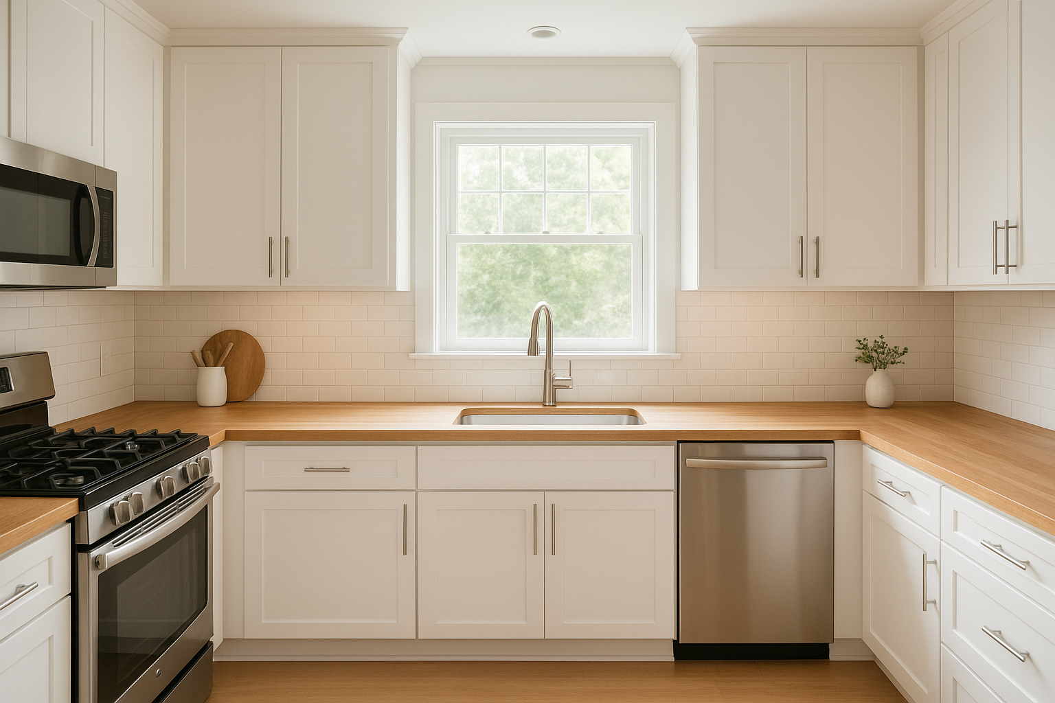 Modern Cincinnati kitchen after professional cabinet refacing with white shaker doors