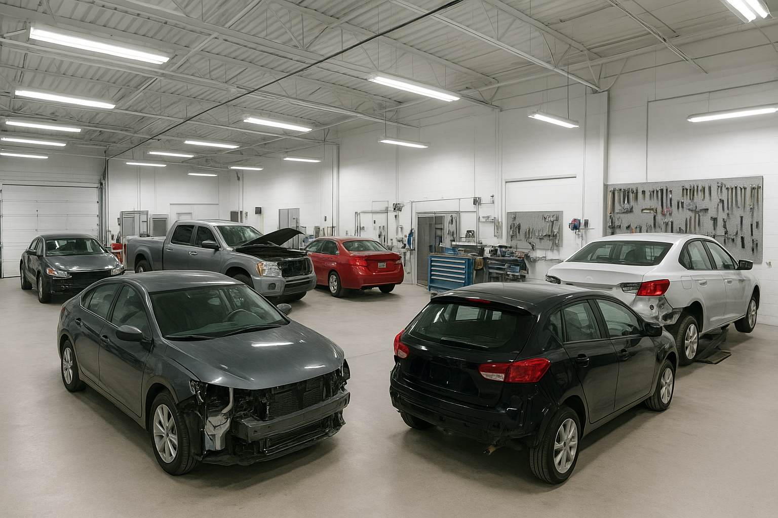 Clean and organized auto body repair shop floor with vehicles undergoing collision restoration