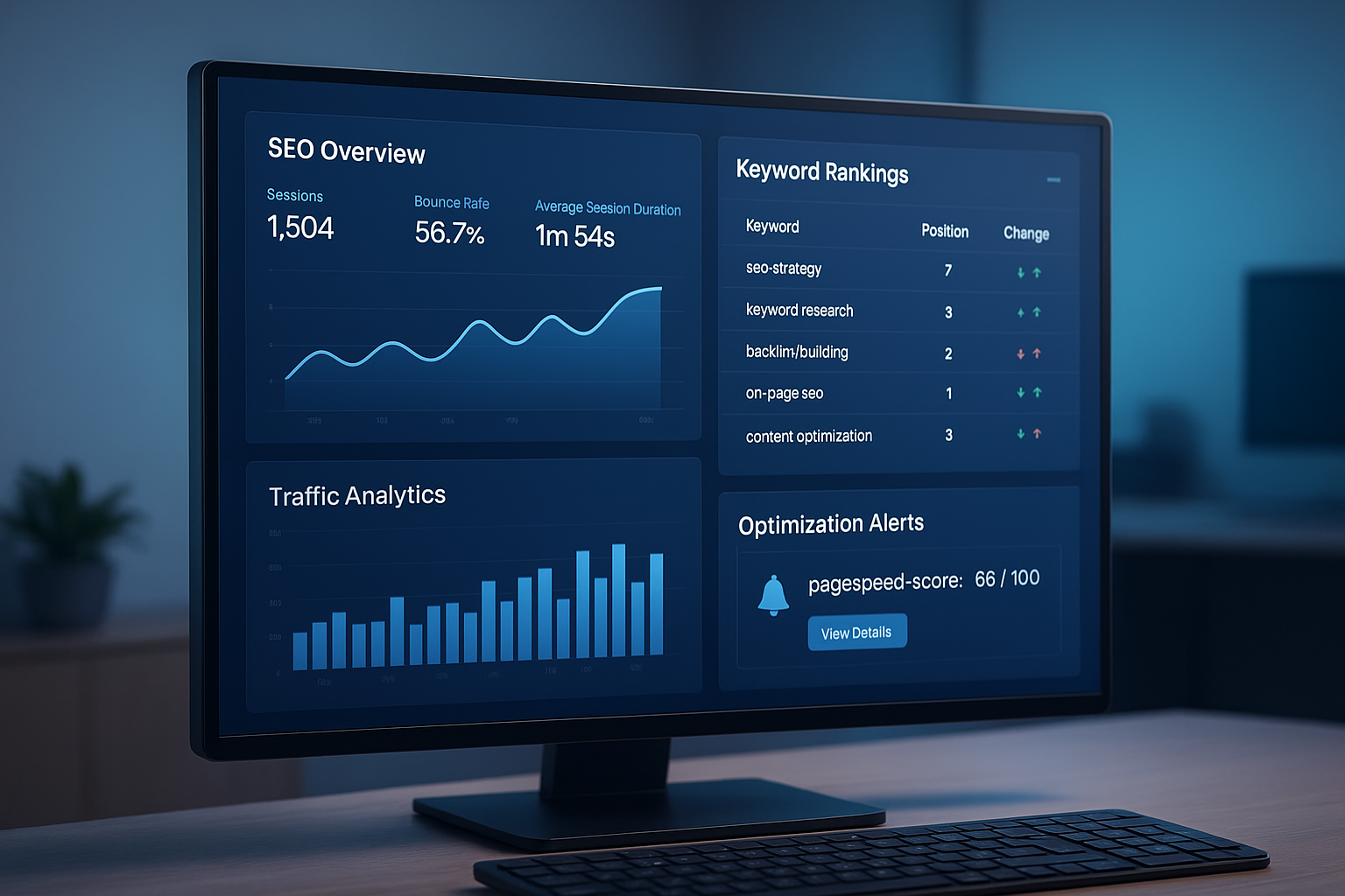Scalable SEO solutions dashboard showing automated keyword rankings and analytics
