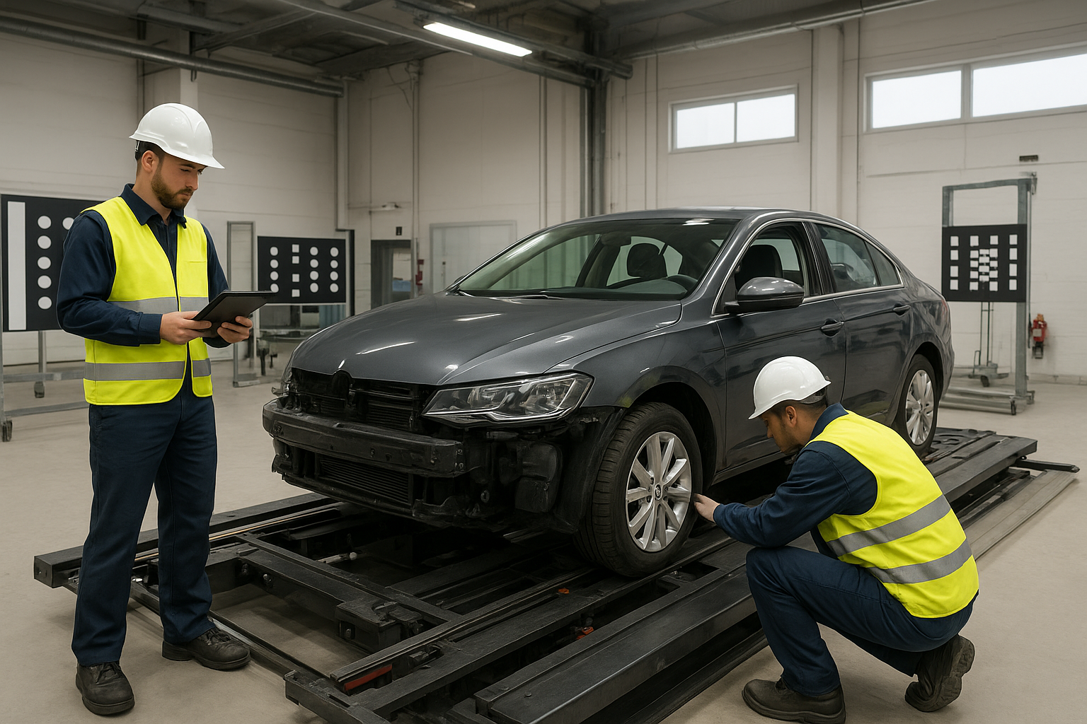 I-CAR certified collision repair technicians inspecting a vehicle in a modern body shop
