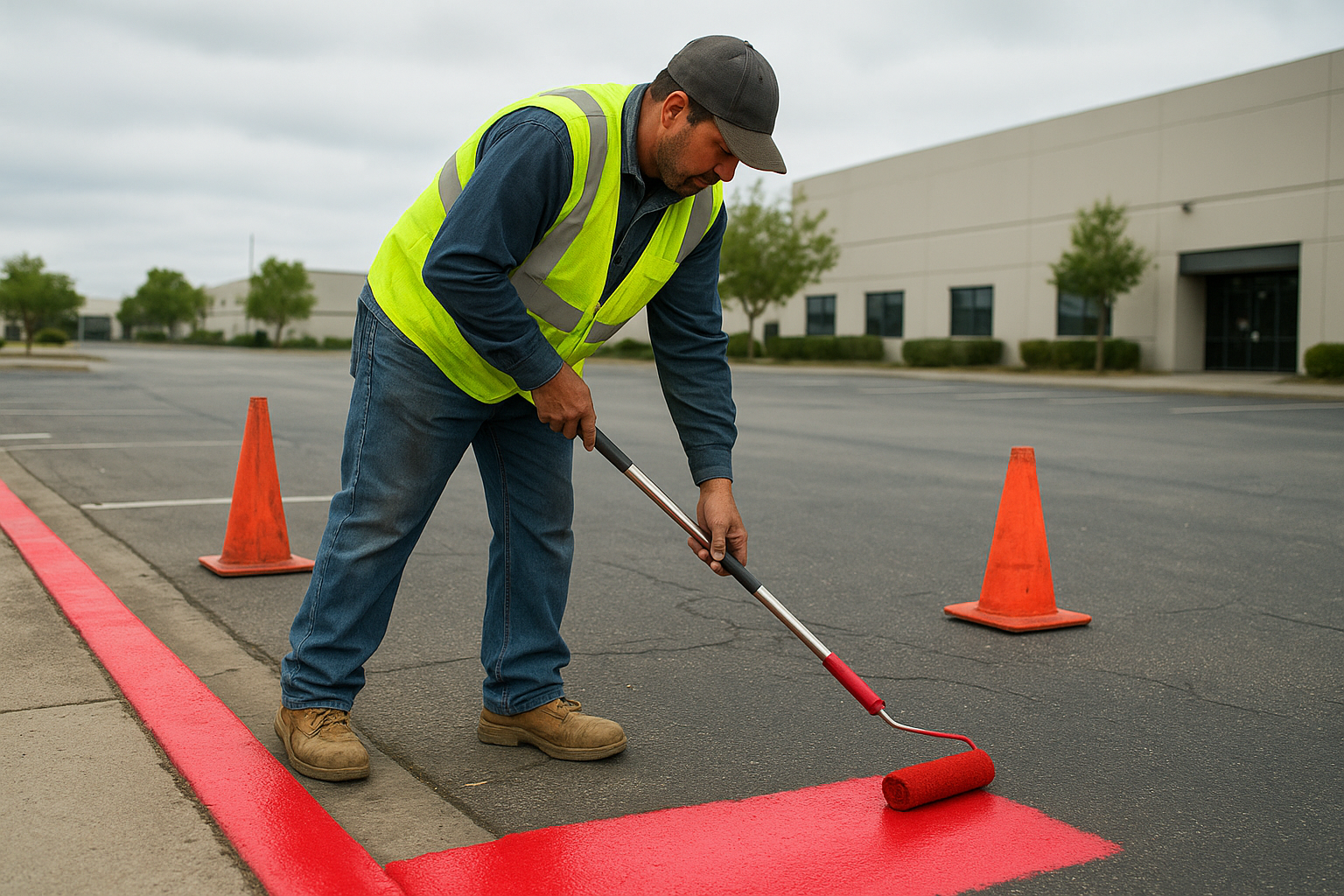 Red fire lane curb marking being applied along a commercial parking lot for safety compliance