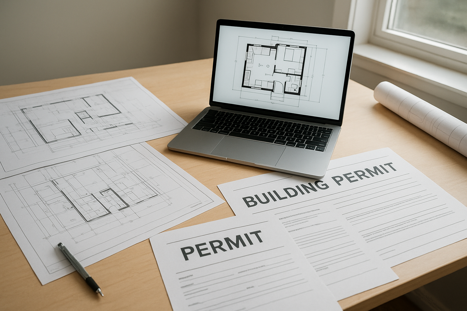 ADU permit-ready architectural blueprints and design documents on a drafting table