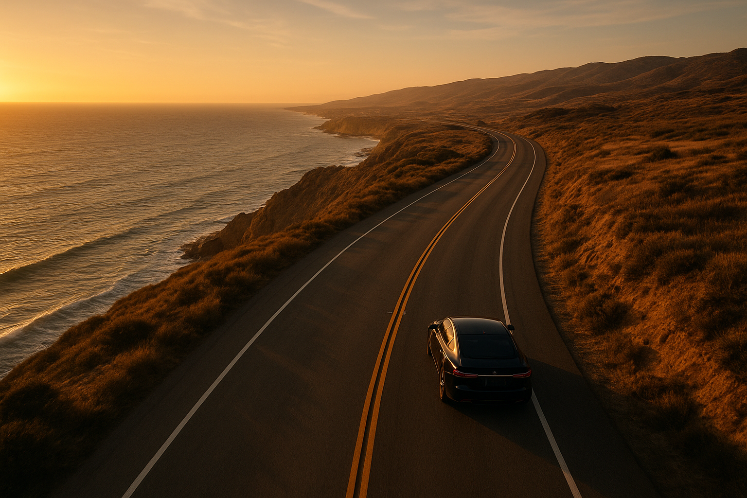 Luxury sedan driving a long-distance point to point route between the Southern California coast and desert region