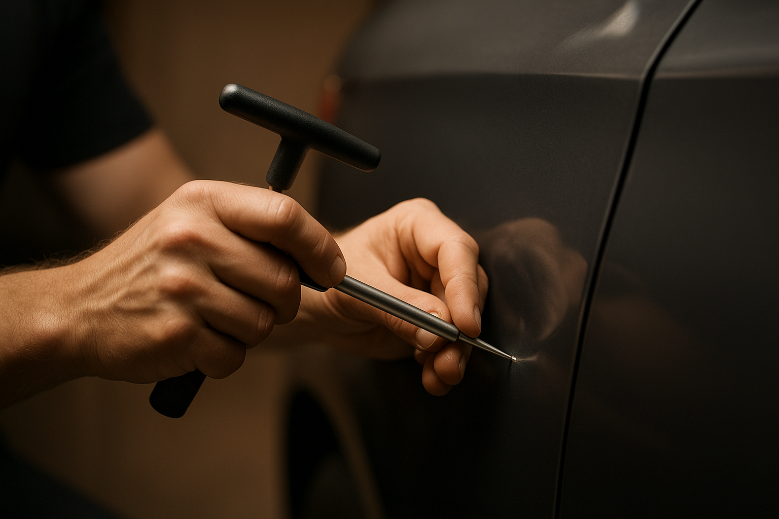 Technician performing precision dent removal on a vehicle door panel