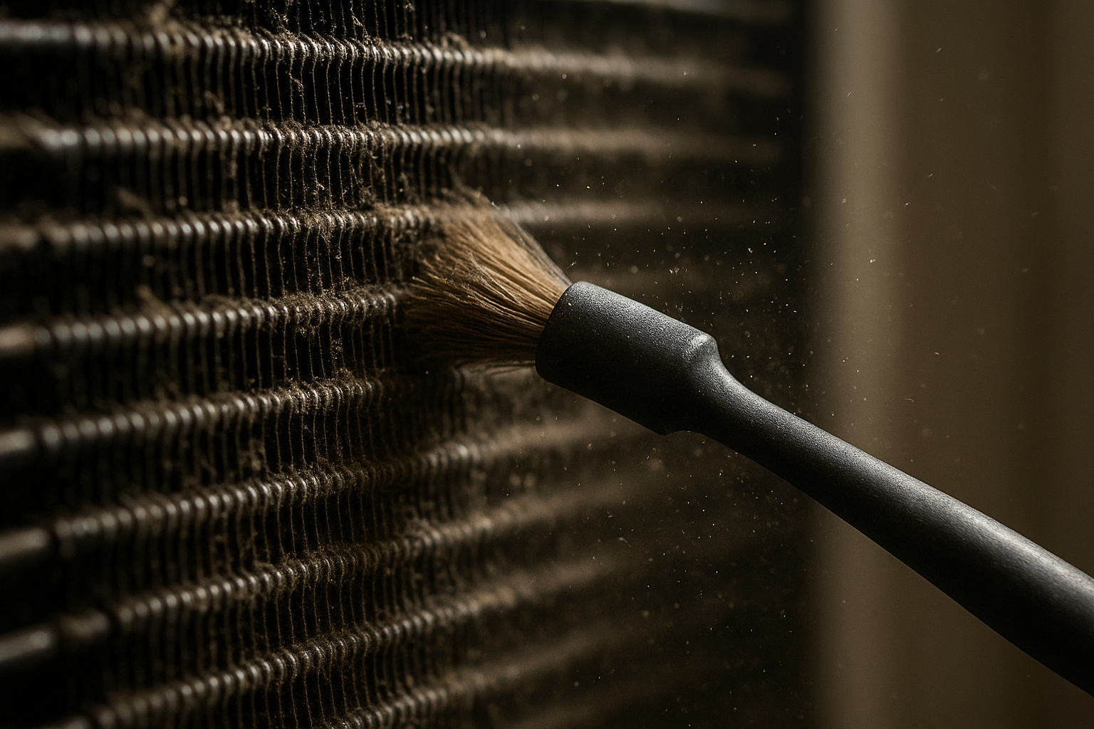 Close-up of condenser coils being cleaned during a refrigerator maintenance and repair visit