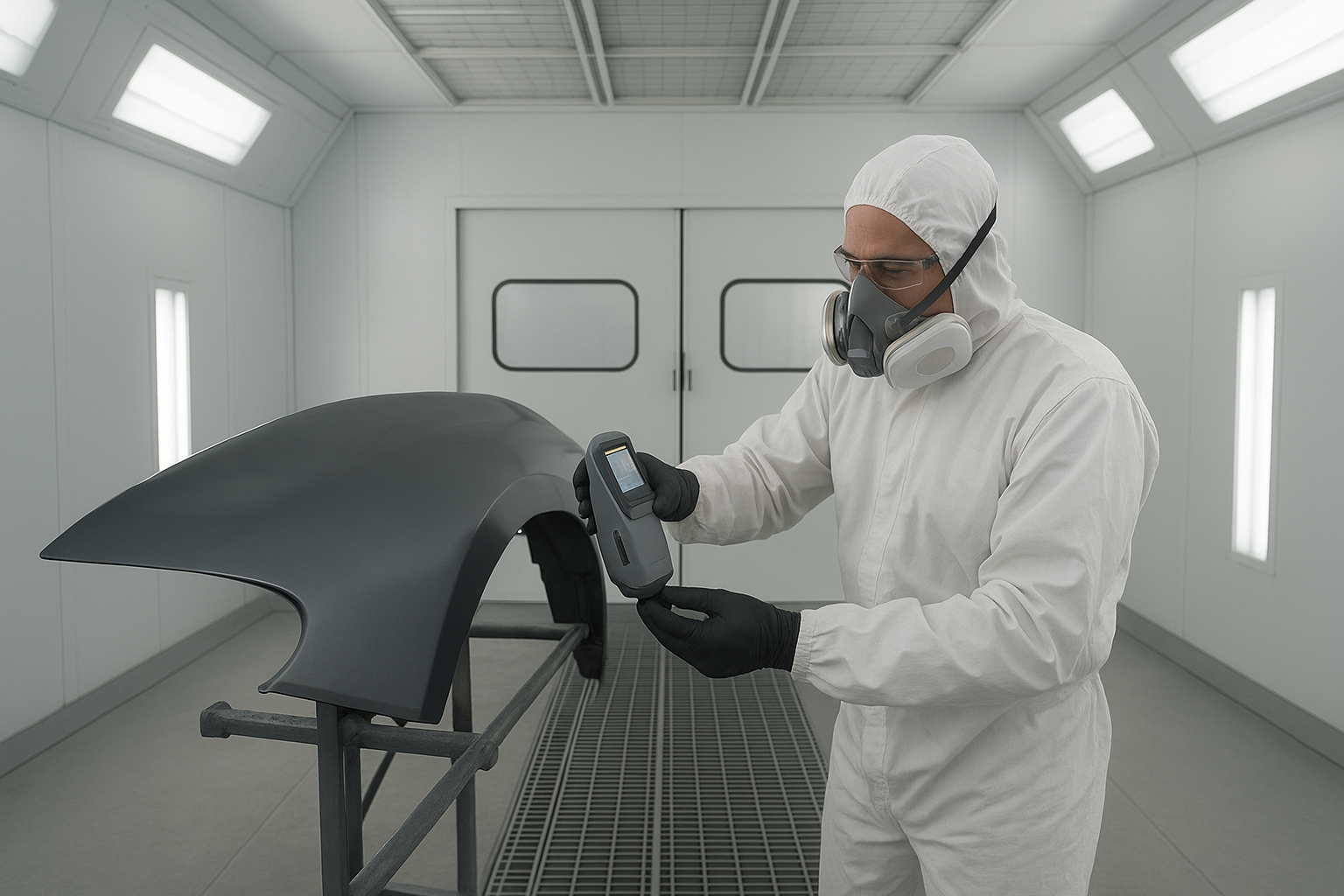 Technician color-matching automotive paint in a professional spray booth