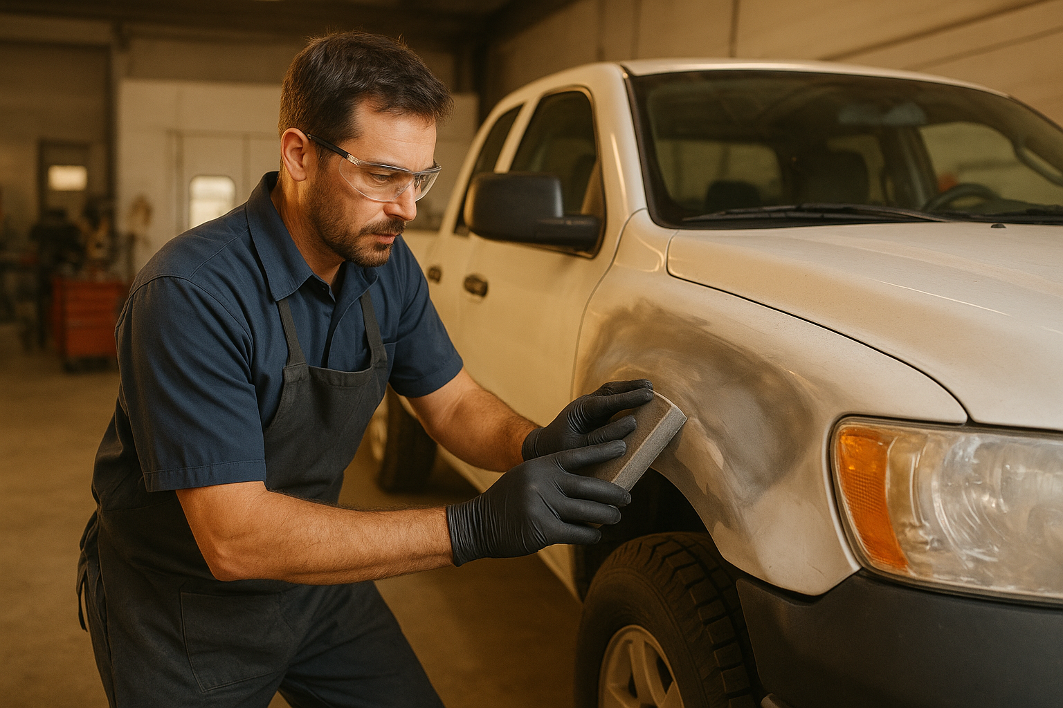 Technician performing auto body repair for domestic vehicles Brea shop