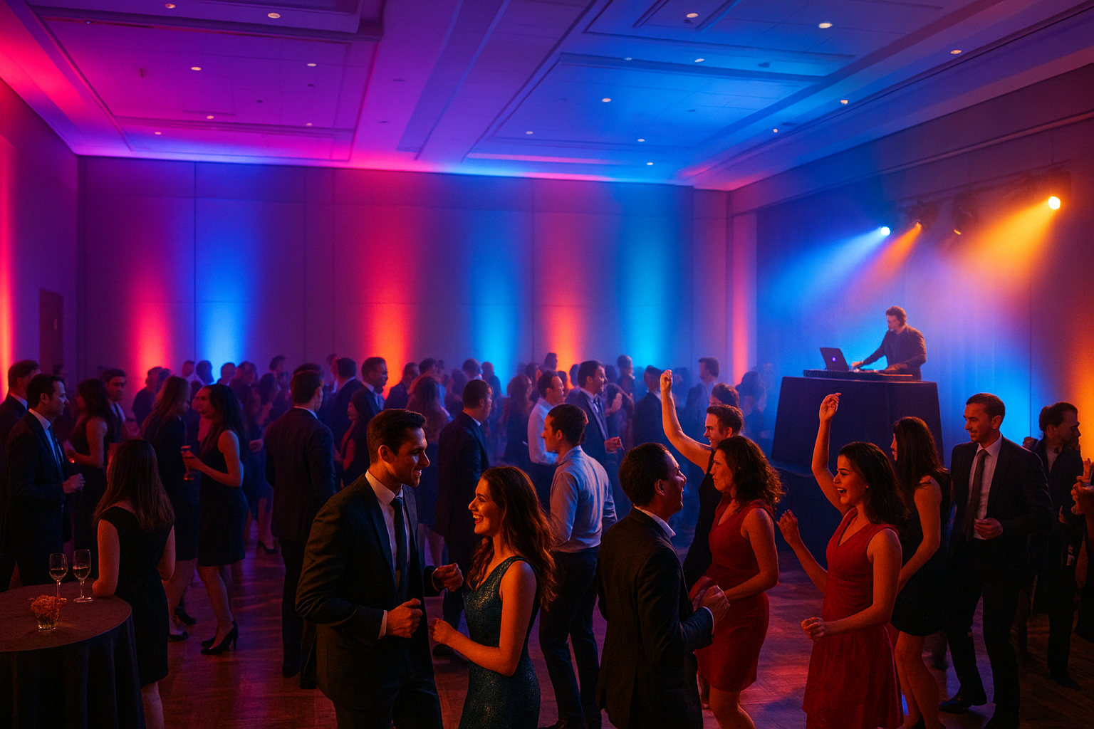 Professional DJ performing at a corporate party event in Evansville Indiana with colorful uplighting