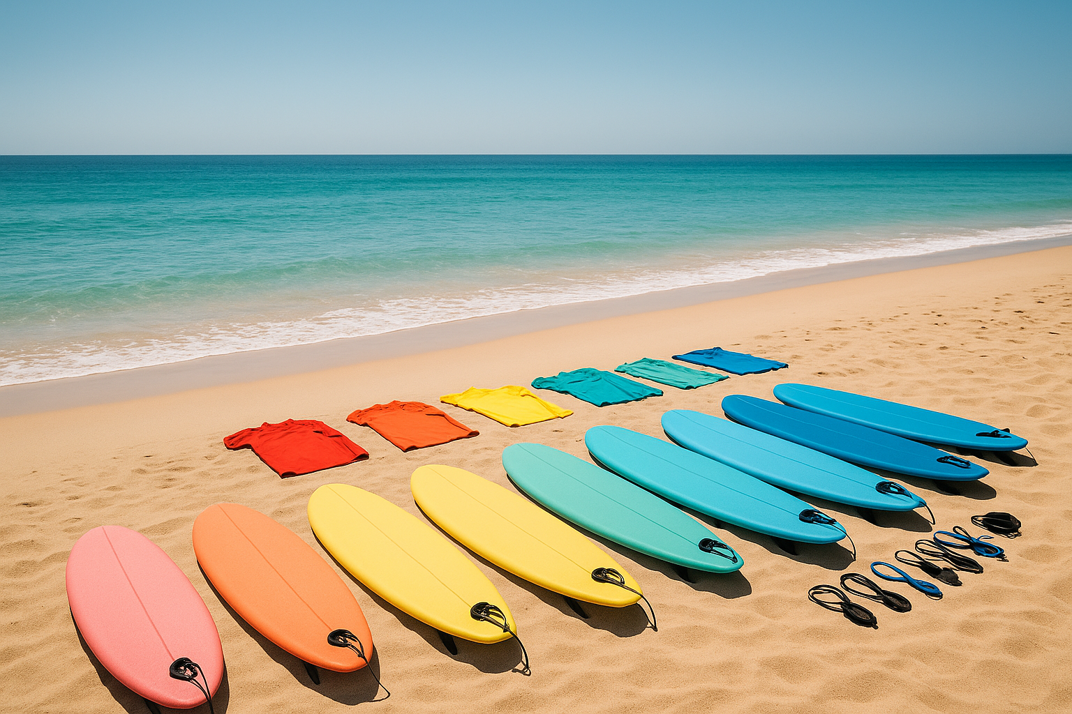 Surf gear including foam boards and leashes arranged for a weekend surf class on the beach