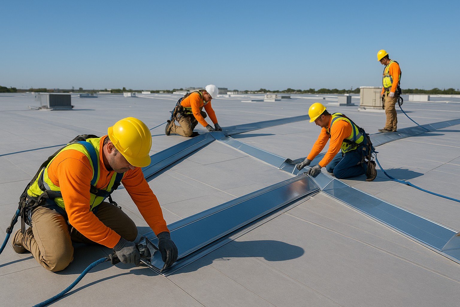 Installation crew mounting custom metal flashing on a Southern California commercial rooftop