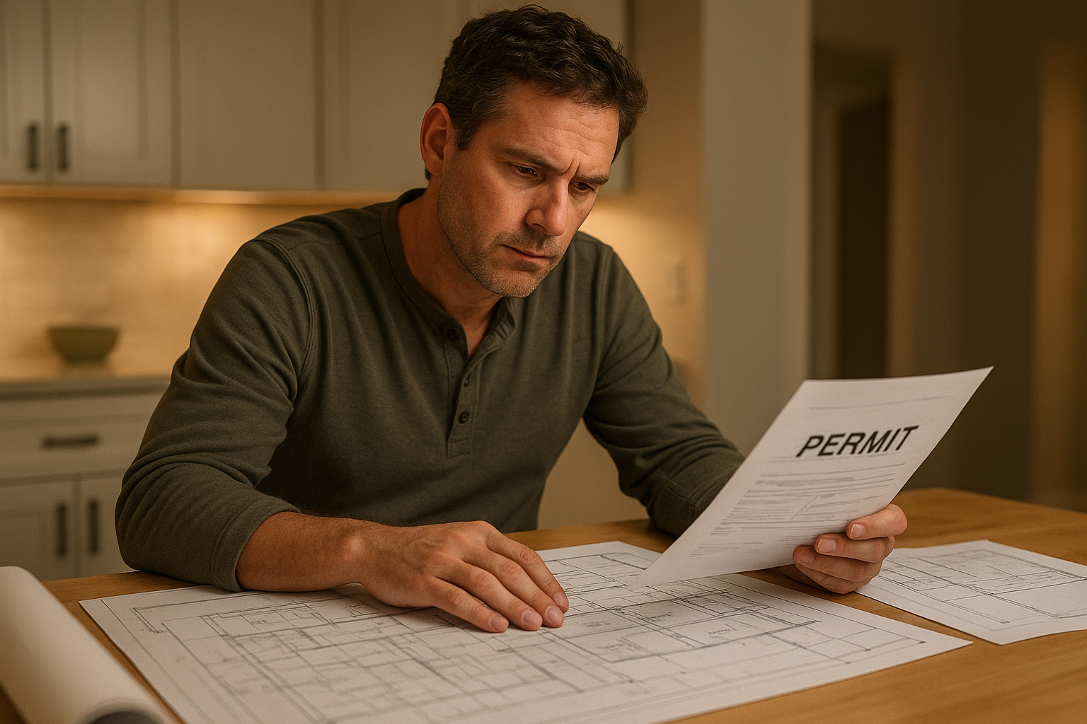 Homeowner reviewing ADU permit documents and blueprints for a California accessory dwelling unit project