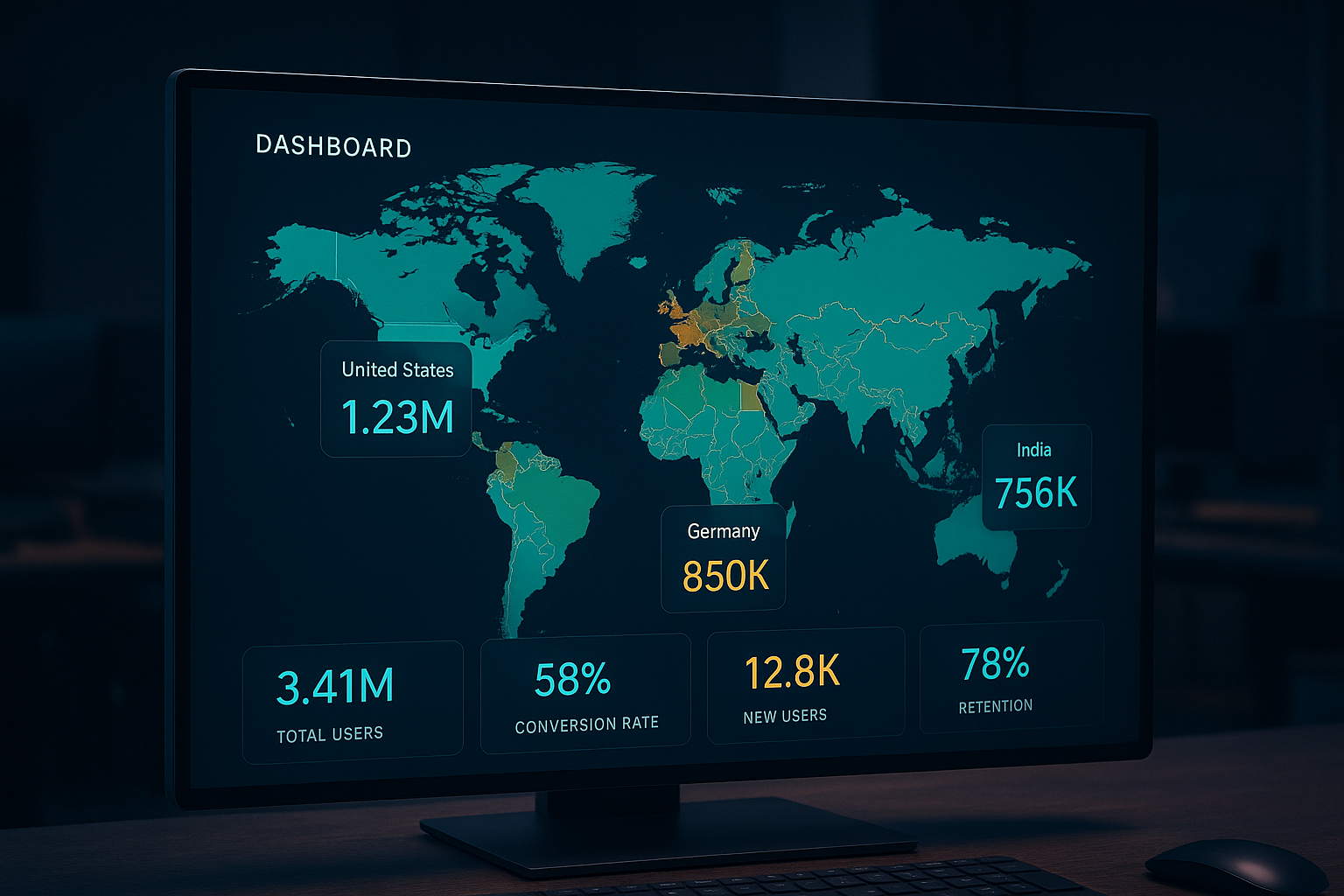 Interactive SVG map image displayed on a monitor with color-coded regions and data tooltips