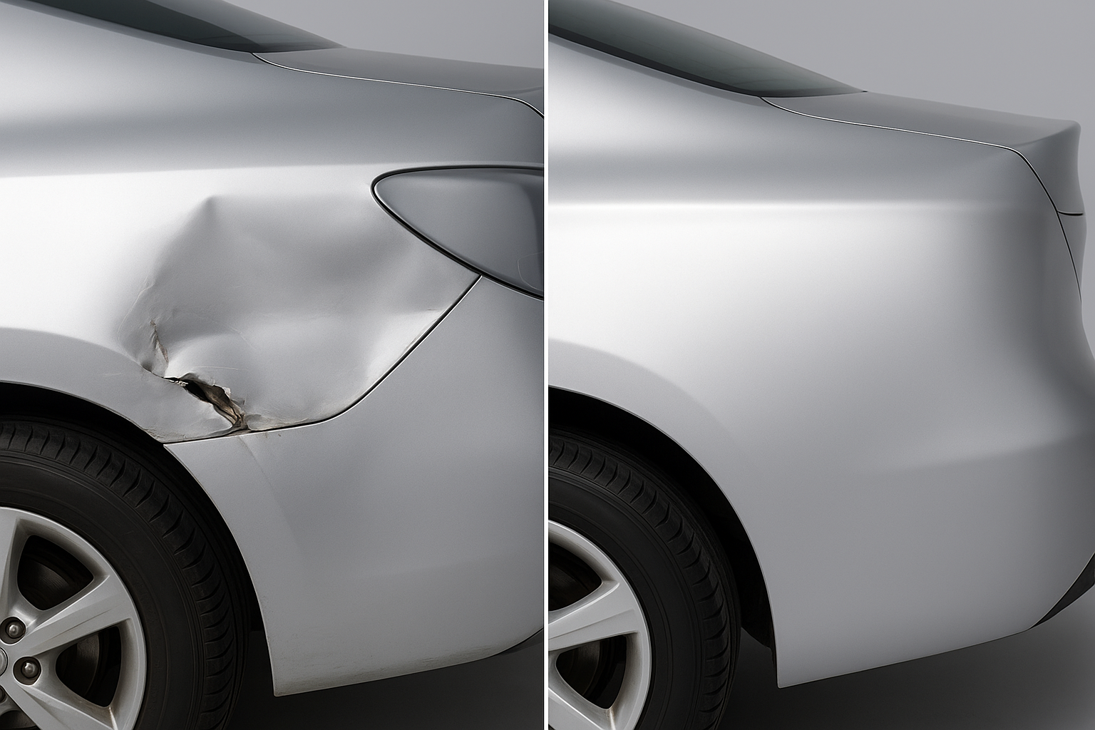Before and after comparison of a welded and repainted car quarter panel