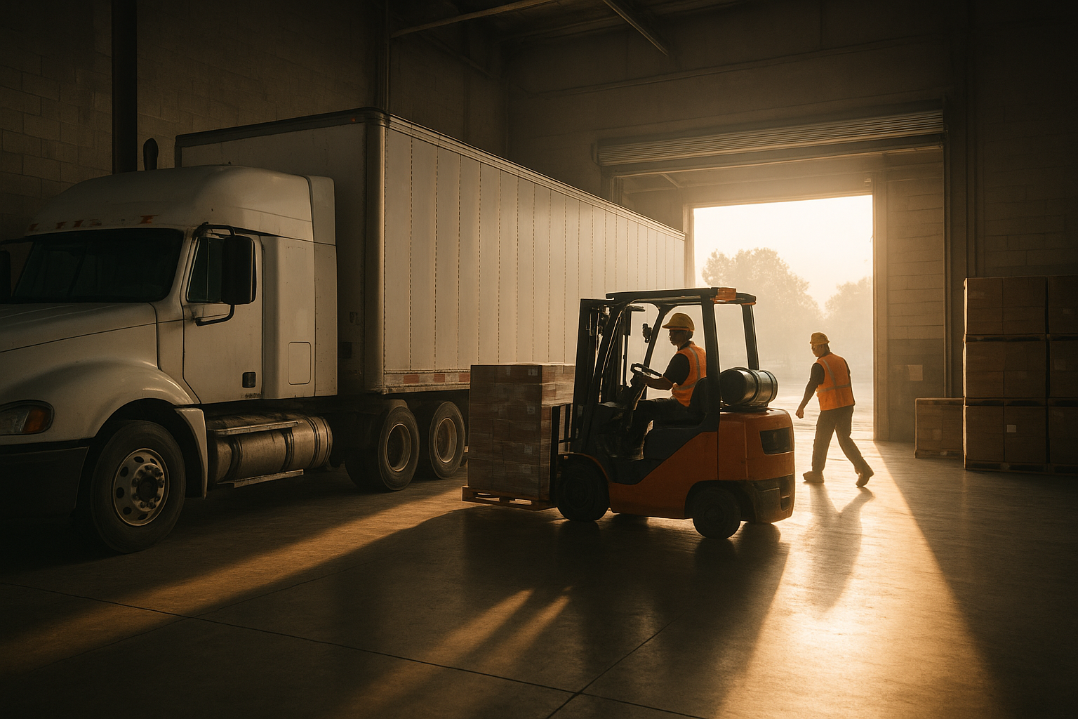 Freight truck being loaded at a warehouse dock during cargo shipping operations