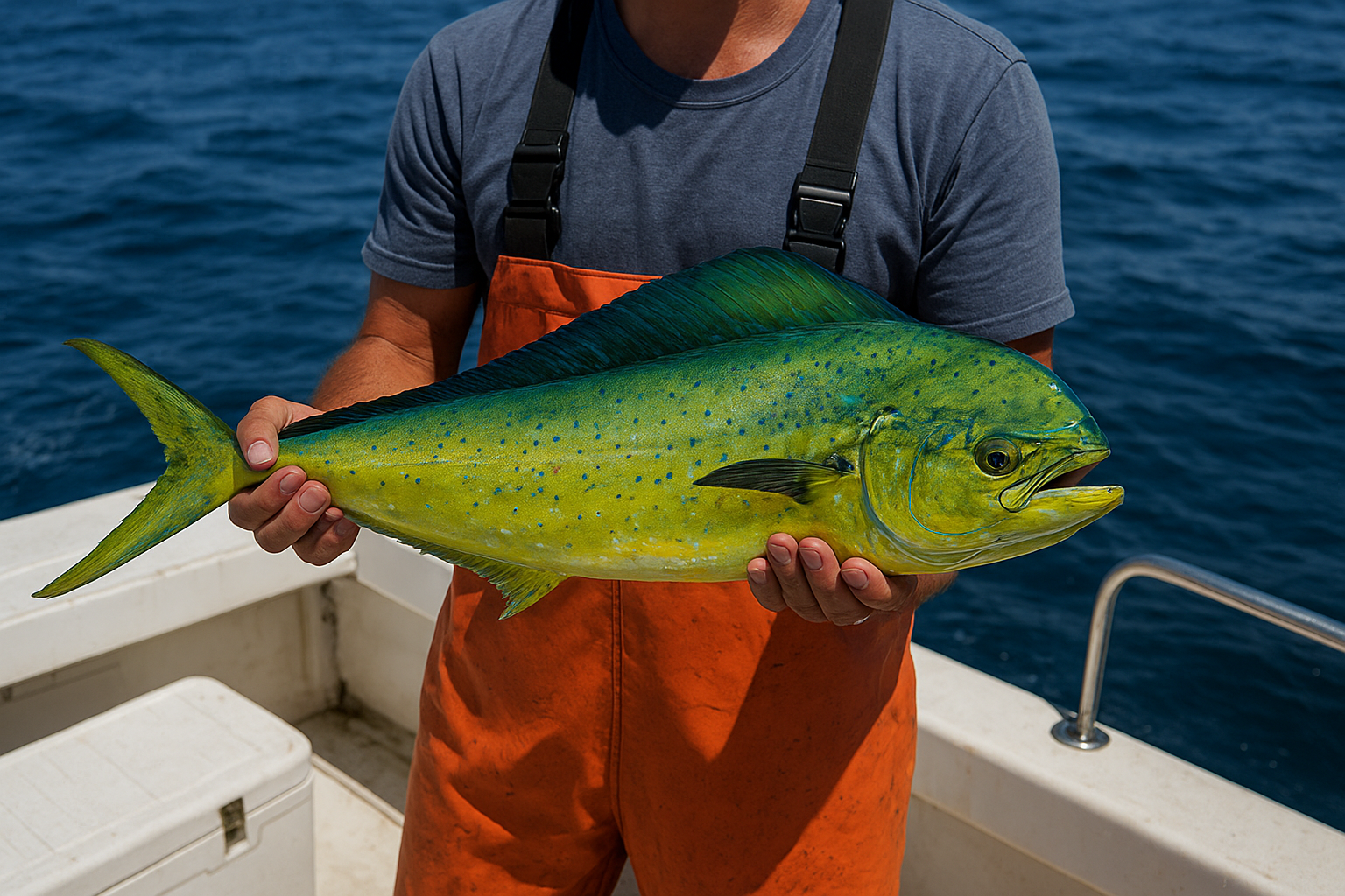 Deckhand holding a mahi-mahi caught during an offshore deep sea fishing trip near North Myrtle Beach
