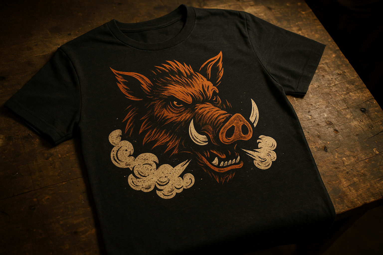 Fuel-hog clothing graphic tee with wild boar design on a garage workbench