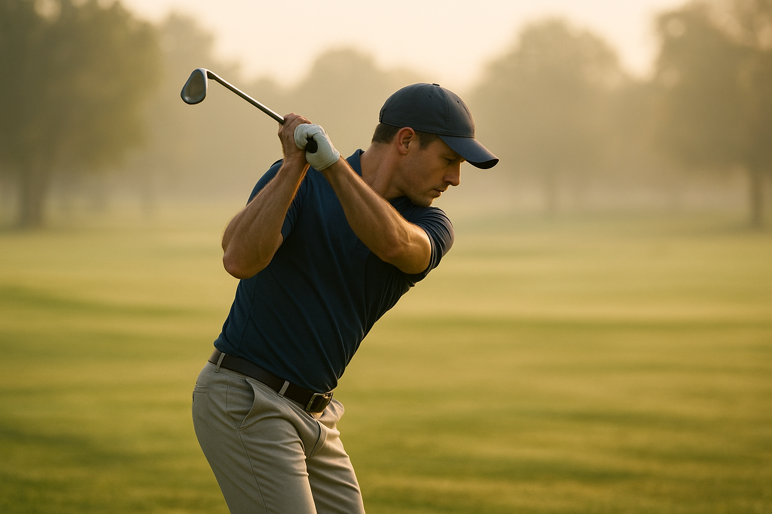 Golfer demonstrating proper release timing and forearm rotation during the downswing