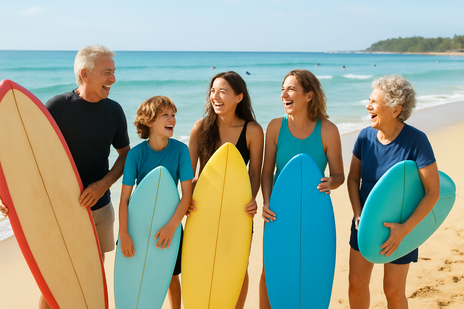 Family group holding surfboards on Waikiki beach before a confidence-building surf lesson