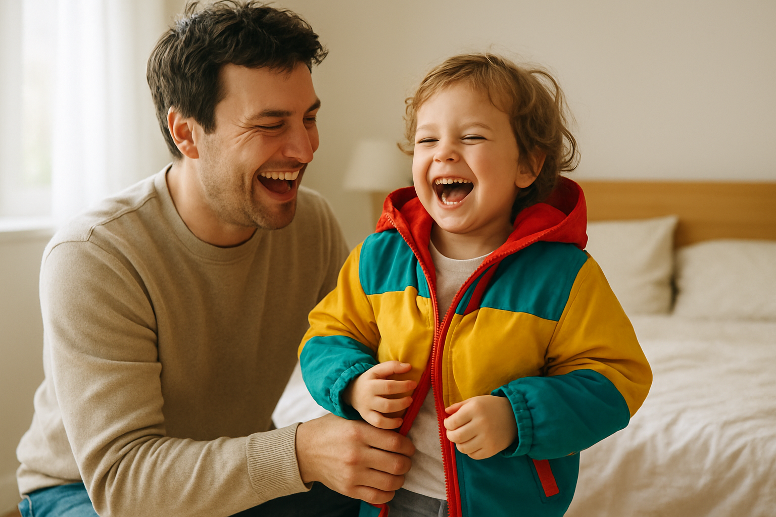 Parent helping a child try on rotating wardrobe clothing at home